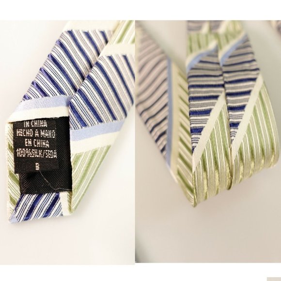 GEOFFREY BEENE Men's 100% Silk Lime Green Gray Neck Tie STANDARD Striped Chevron - Picture 6 of 13